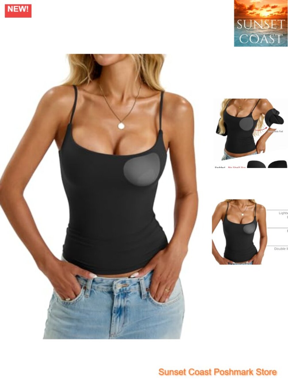 Padded Camisole Tank Tops Built-In Bra Double Lined Removable Pads